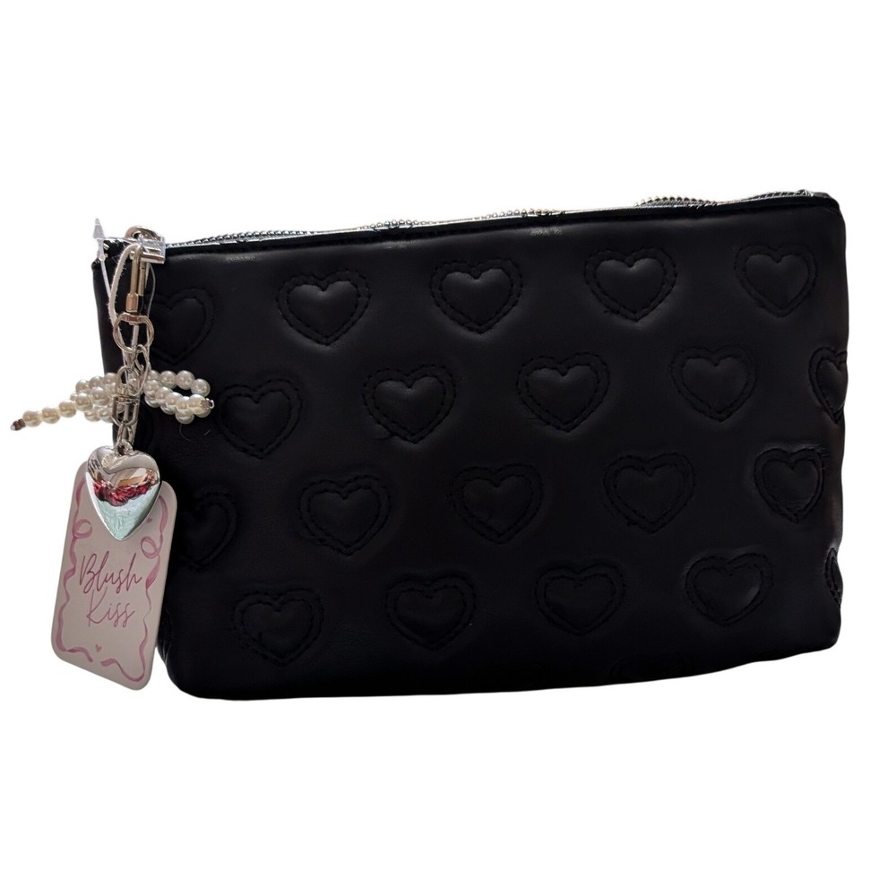 Blush Kiss Quilted Heart Makeup Bag w/ Pearl Charm Black Pouch Travel Cute